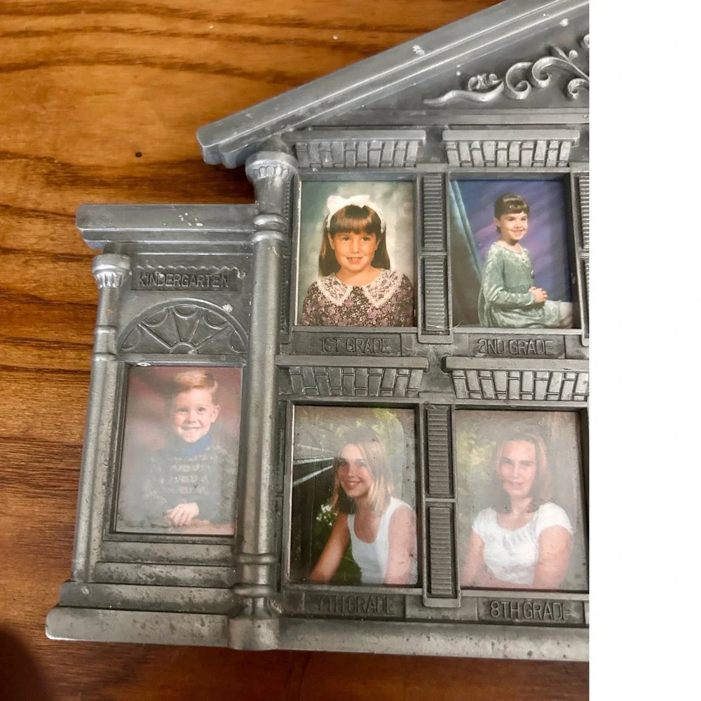 School House Vintage Picture Frame Silver Pewter Tone School Years Good